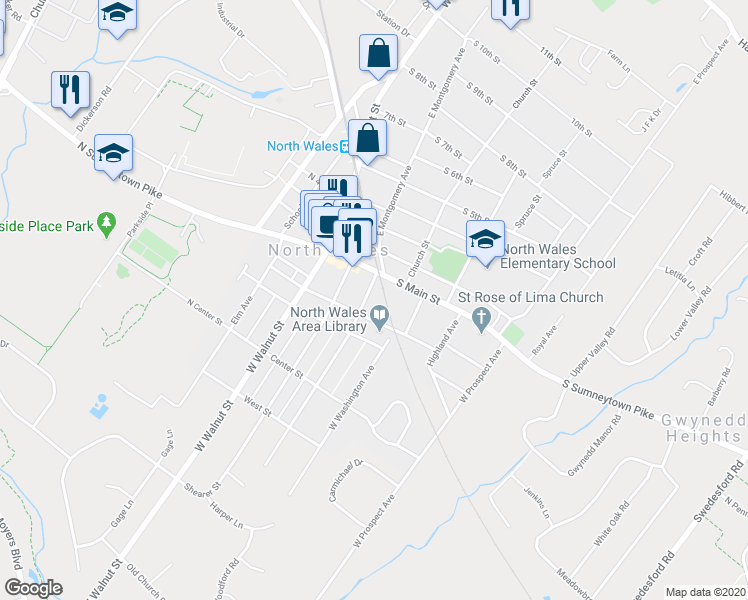 map of restaurants, bars, coffee shops, grocery stores, and more near 123 West Montgomery Avenue in North Wales