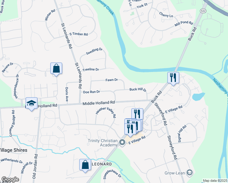 map of restaurants, bars, coffee shops, grocery stores, and more near 103 Doe Run Drive in Southampton