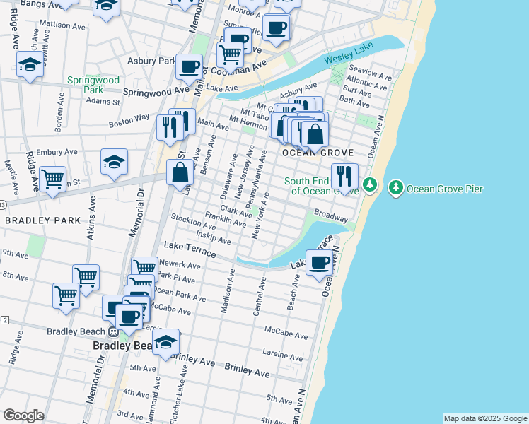 map of restaurants, bars, coffee shops, grocery stores, and more near 78 Clark Avenue in Neptune Township