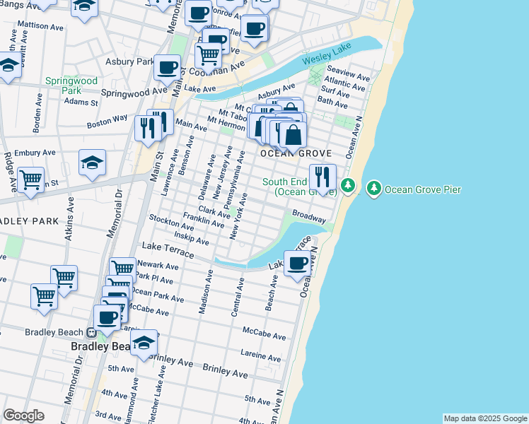 map of restaurants, bars, coffee shops, grocery stores, and more near 61 Cookman Avenue in Monmouth County