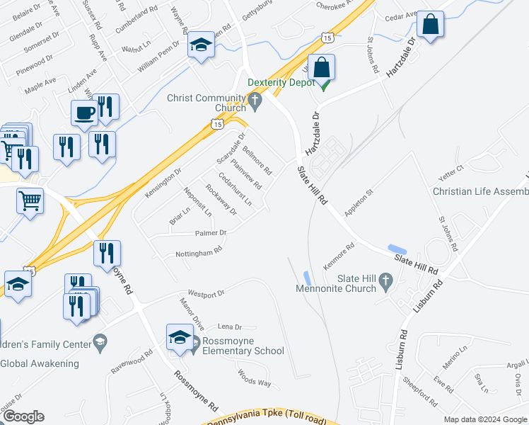 map of restaurants, bars, coffee shops, grocery stores, and more near 2 Palmer Drive in Camp Hill