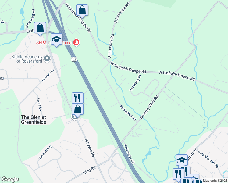 map of restaurants, bars, coffee shops, grocery stores, and more near 29 Springford Road in Royersford