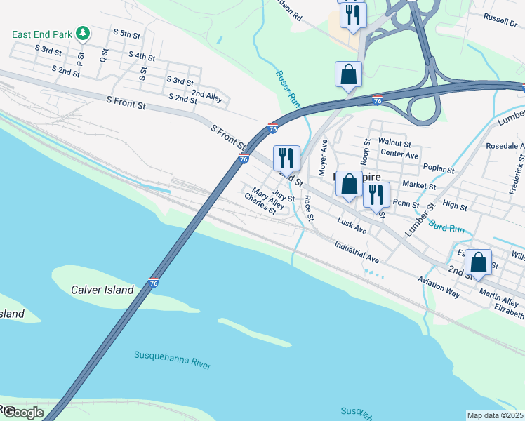 map of restaurants, bars, coffee shops, grocery stores, and more near 39 Charles Street in Highspire
