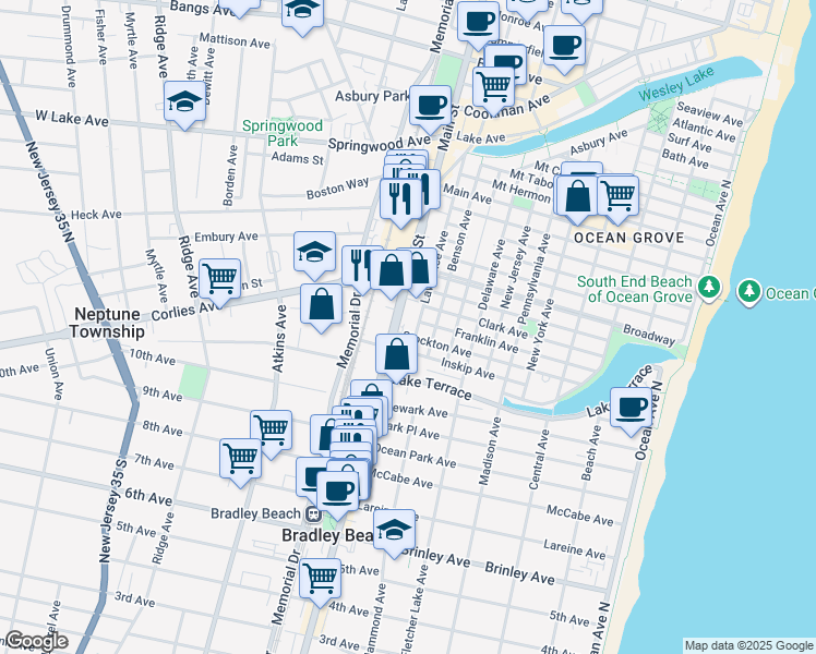 map of restaurants, bars, coffee shops, grocery stores, and more near 139 Stockton Avenue in Neptune Township