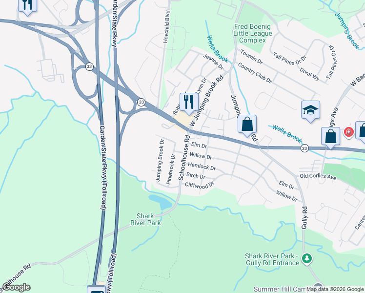 map of restaurants, bars, coffee shops, grocery stores, and more near 309 Willow Drive in Neptune City
