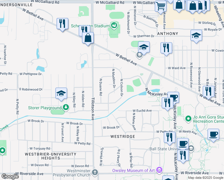 map of restaurants, bars, coffee shops, grocery stores, and more near 1817 North Maddox Drive in Muncie