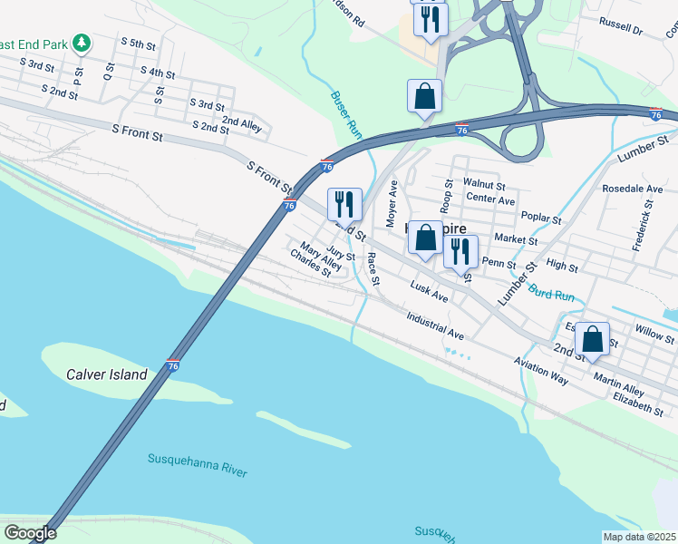 map of restaurants, bars, coffee shops, grocery stores, and more near 2 Charles Street in Highspire