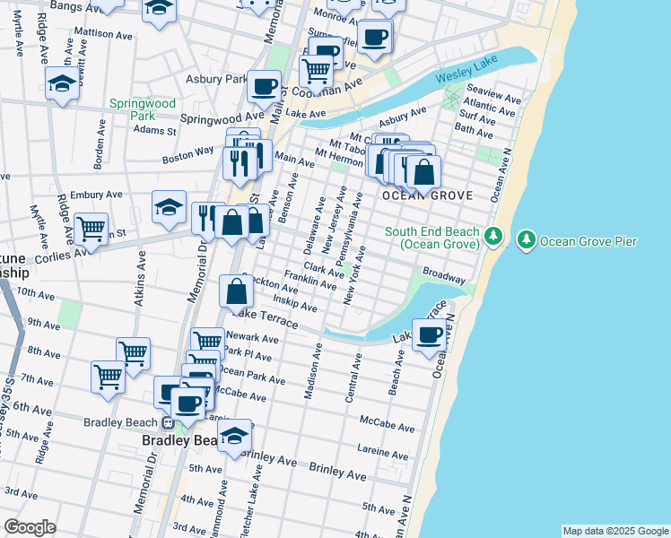 map of restaurants, bars, coffee shops, grocery stores, and more near 99 Franklin Avenue in Neptune Township