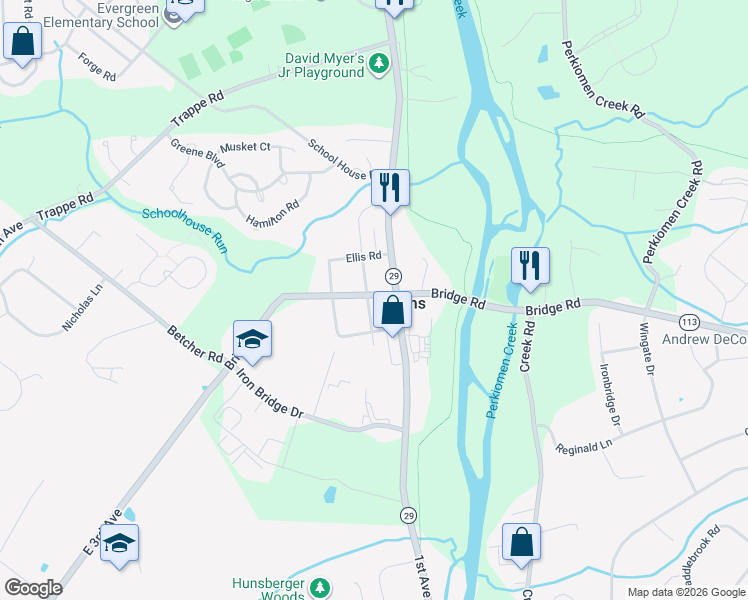 map of restaurants, bars, coffee shops, grocery stores, and more near 113 Centennial Street in Collegeville