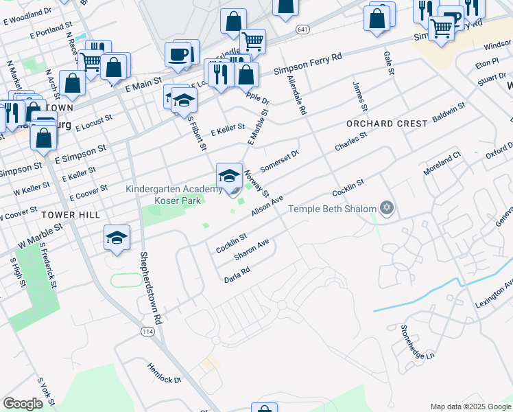 map of restaurants, bars, coffee shops, grocery stores, and more near 507 Alison Avenue in Mechanicsburg