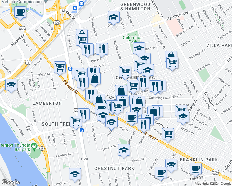 map of restaurants, bars, coffee shops, grocery stores, and more near 131 Fulton Street in Trenton