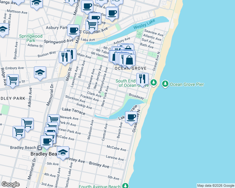 map of restaurants, bars, coffee shops, grocery stores, and more near 59 Cookman Avenue in Monmouth County