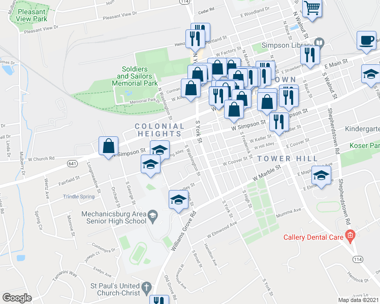 map of restaurants, bars, coffee shops, grocery stores, and more near 115 South Washington Street in Mechanicsburg