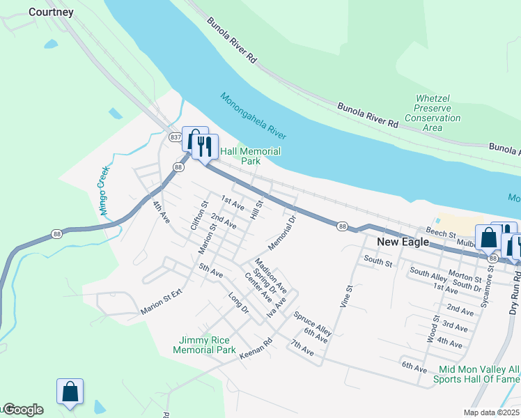 map of restaurants, bars, coffee shops, grocery stores, and more near 414 1st Avenue in New Eagle
