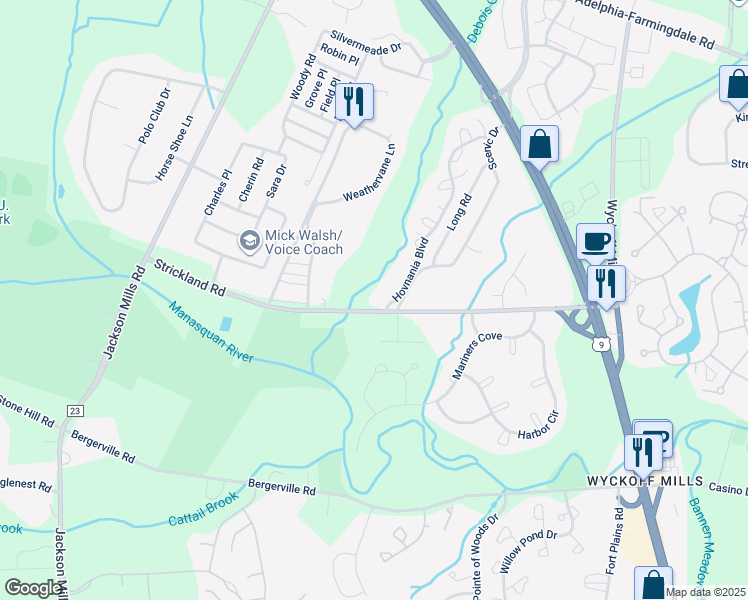 map of restaurants, bars, coffee shops, grocery stores, and more near 54 Strickland Road in Freehold