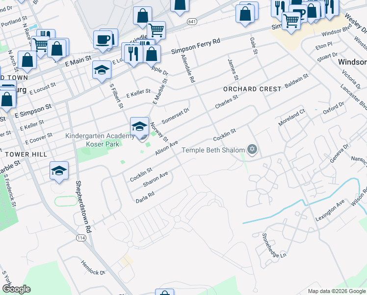 map of restaurants, bars, coffee shops, grocery stores, and more near 605 Cocklin Street in Mechanicsburg