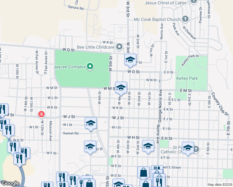 map of restaurants, bars, coffee shops, grocery stores, and more near 501-599 West L Street in McCook