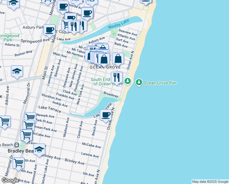 map of restaurants, bars, coffee shops, grocery stores, and more near 13 Broadway in Neptune Township