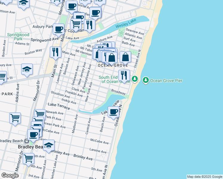 map of restaurants, bars, coffee shops, grocery stores, and more near 40 Broadway in Neptune Township