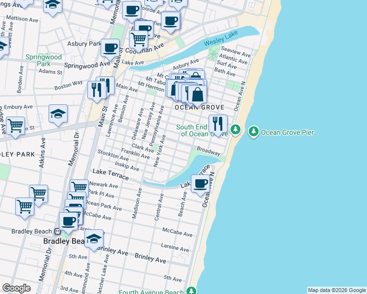 map of restaurants, bars, coffee shops, grocery stores, and more near 62 Cookman Avenue in Monmouth County