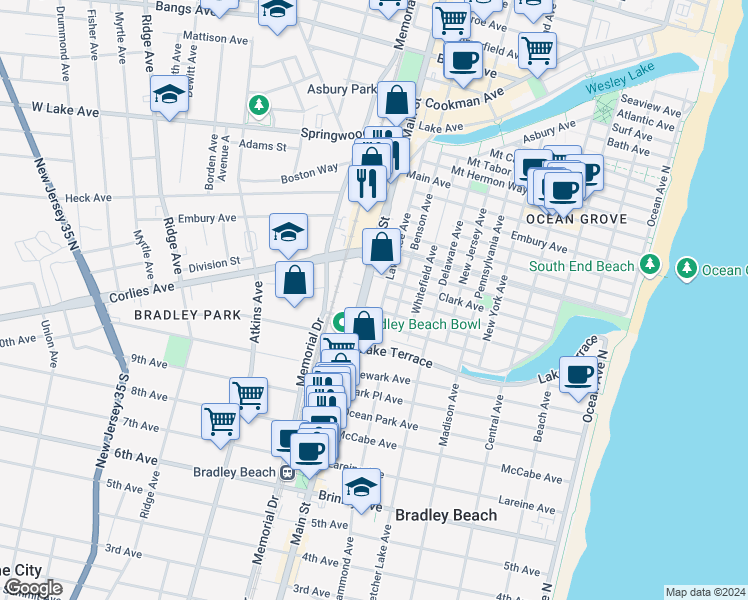 map of restaurants, bars, coffee shops, grocery stores, and more near 139 Stockton Avenue in Neptune Township