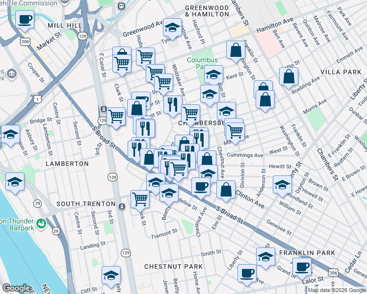 map of restaurants, bars, coffee shops, grocery stores, and more near 206 Roebling Avenue in Trenton