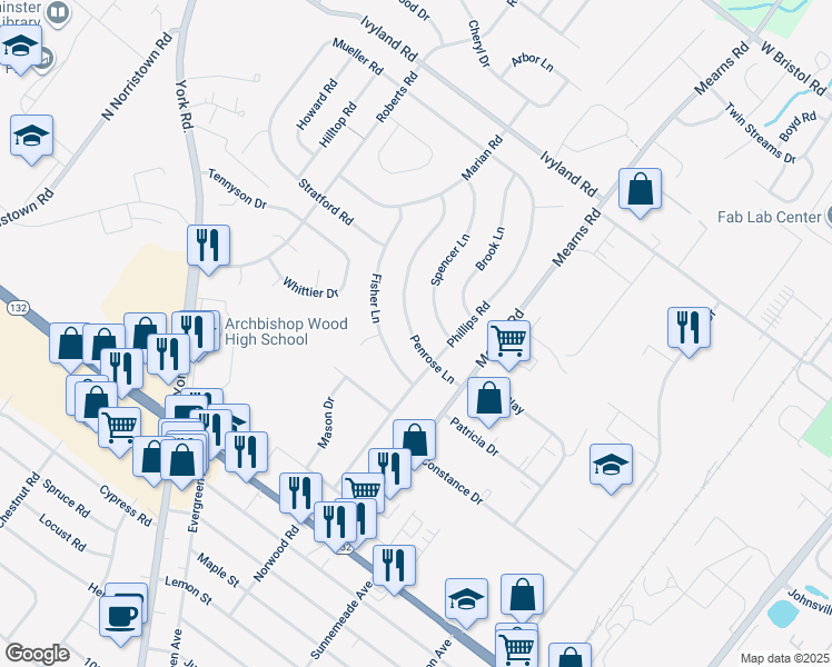 map of restaurants, bars, coffee shops, grocery stores, and more near 519 Penrose Lane in Warminster