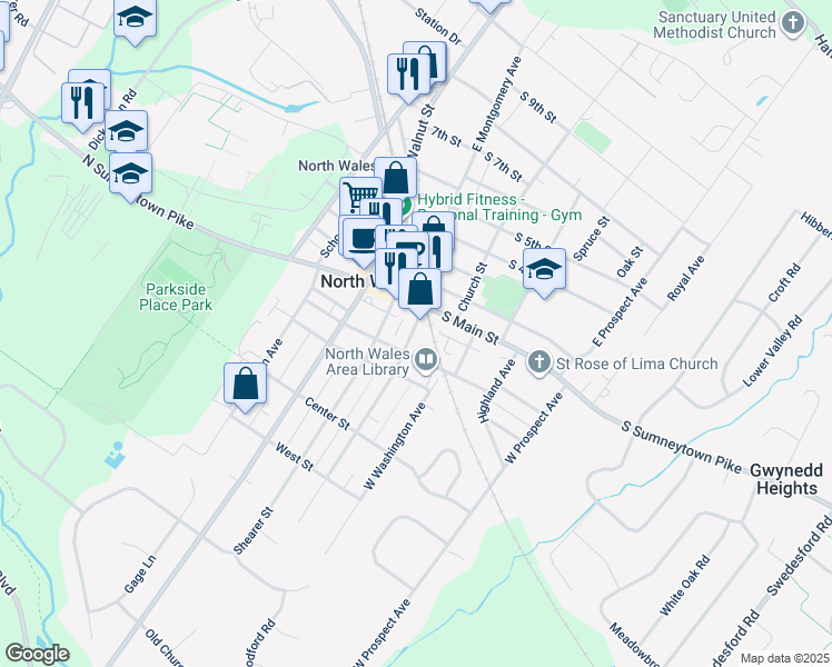 map of restaurants, bars, coffee shops, grocery stores, and more near 123 West Montgomery Avenue in North Wales
