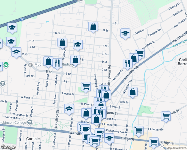 map of restaurants, bars, coffee shops, grocery stores, and more near 94 B Street in Carlisle