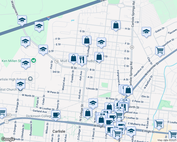 map of restaurants, bars, coffee shops, grocery stores, and more near 511 North College Street in Carlisle