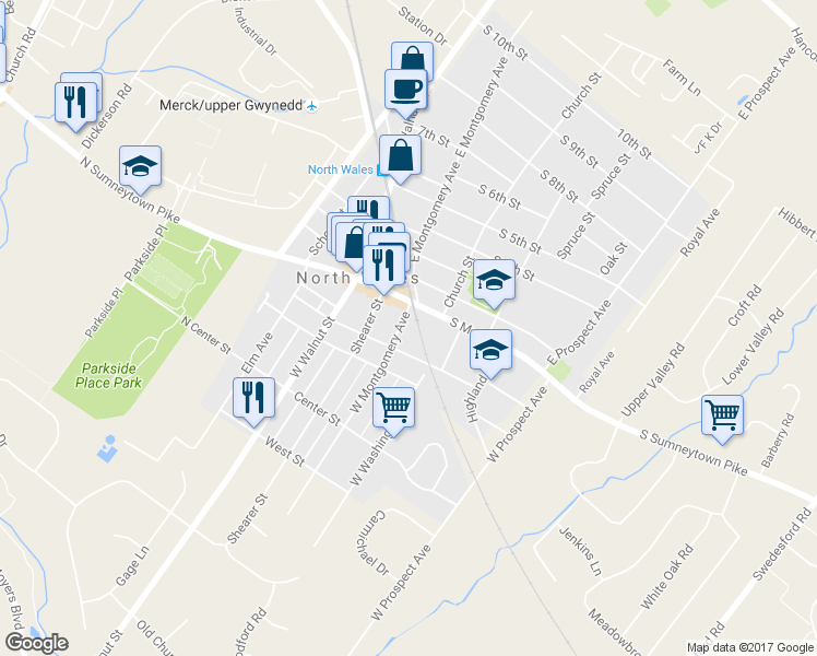 map of restaurants, bars, coffee shops, grocery stores, and more near 119 West Montgomery Avenue in North Wales