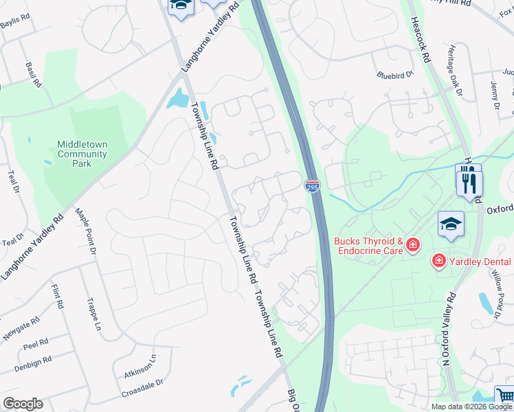 map of restaurants, bars, coffee shops, grocery stores, and more near 4003 Sterling Road in Yardley