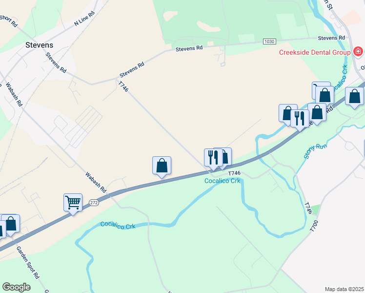 map of restaurants, bars, coffee shops, grocery stores, and more near 278 T746 in Stevens
