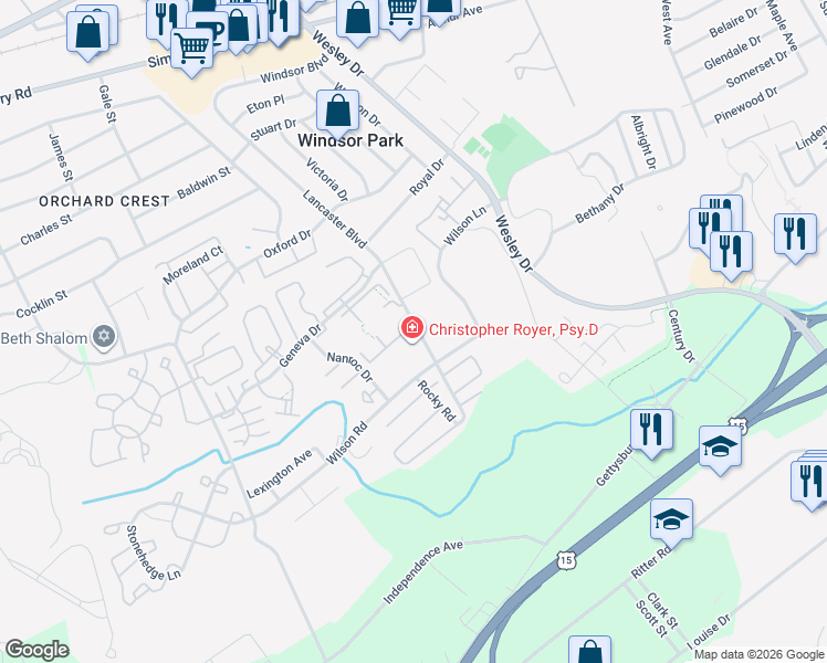 map of restaurants, bars, coffee shops, grocery stores, and more near 1075 Lancaster Boulevard in Mechanicsburg