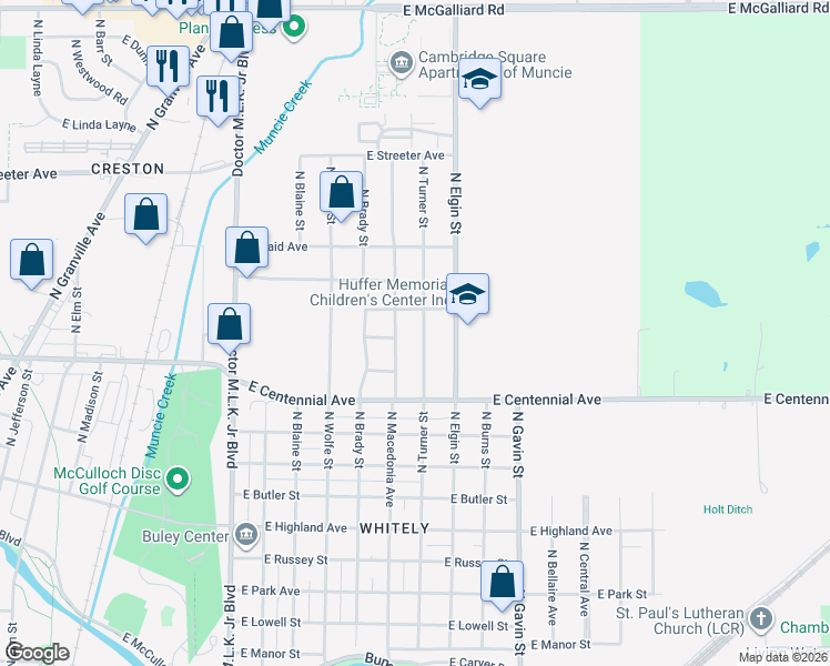 map of restaurants, bars, coffee shops, grocery stores, and more near 1804 North Turner Street in Muncie