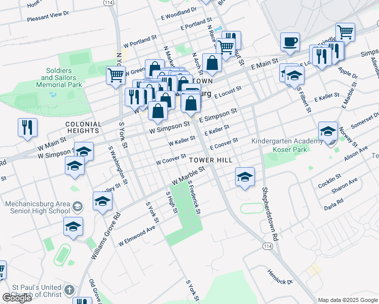 map of restaurants, bars, coffee shops, grocery stores, and more near 22 West Coover Street in Mechanicsburg