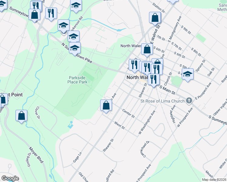 map of restaurants, bars, coffee shops, grocery stores, and more near 325 Elm Avenue in North Wales