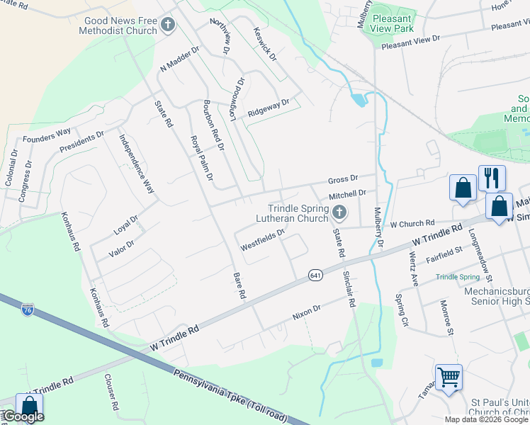 map of restaurants, bars, coffee shops, grocery stores, and more near 21 Greenspring Drive in Mechanicsburg