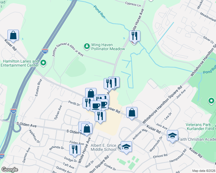map of restaurants, bars, coffee shops, grocery stores, and more near 1194 Wh-Mer Road in Trenton