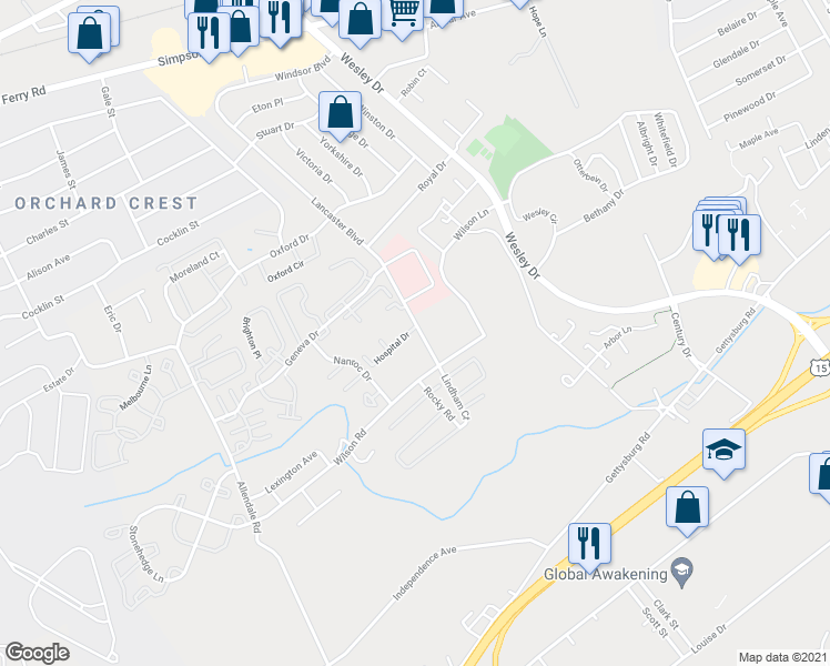 map of restaurants, bars, coffee shops, grocery stores, and more near 1073 Lancaster Boulevard in Mechanicsburg