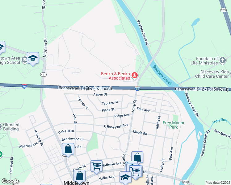 map of restaurants, bars, coffee shops, grocery stores, and more near 371 Aspen Street in Middletown