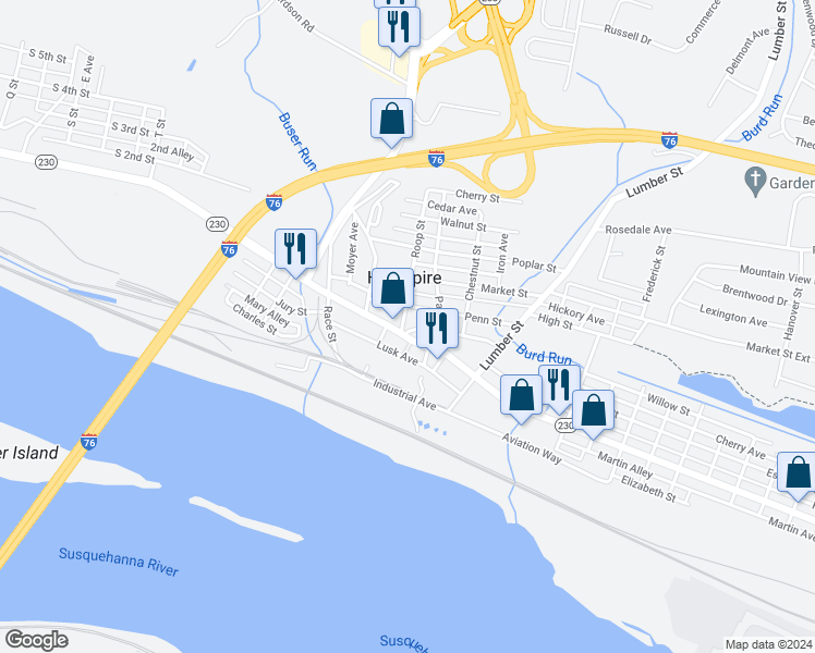 map of restaurants, bars, coffee shops, grocery stores, and more near 200 Broad Street in Highspire