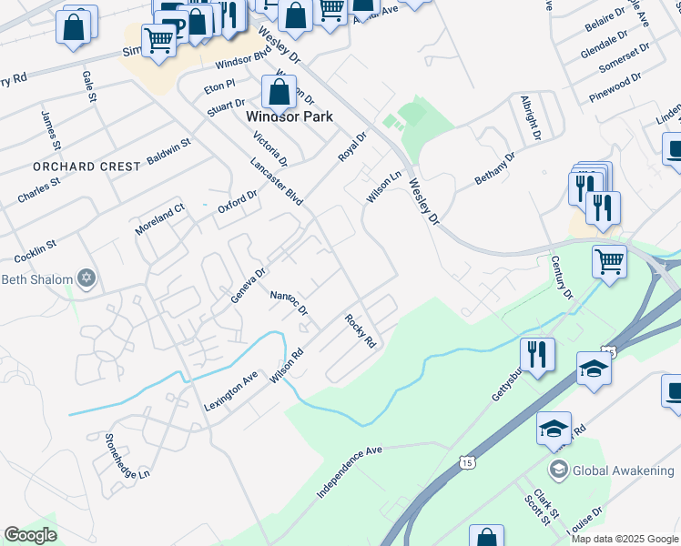 map of restaurants, bars, coffee shops, grocery stores, and more near 1072 Lancaster Boulevard in Mechanicsburg