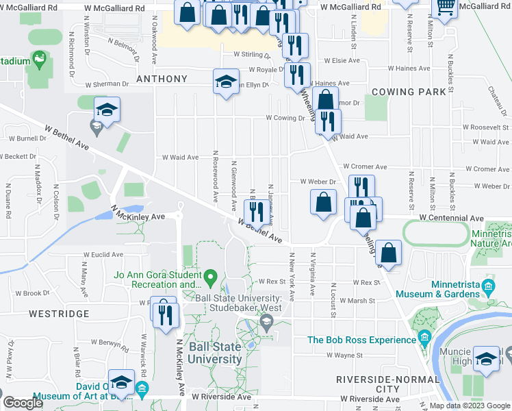 map of restaurants, bars, coffee shops, grocery stores, and more near 1704 North Ball Avenue in Muncie