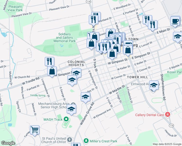 map of restaurants, bars, coffee shops, grocery stores, and more near 115 South Washington Street in Mechanicsburg