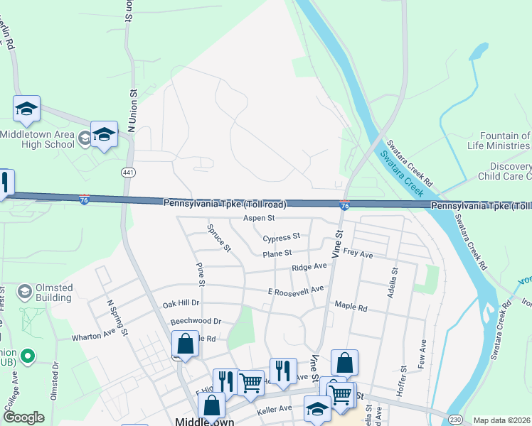 map of restaurants, bars, coffee shops, grocery stores, and more near 328 Aspen Street in Middletown