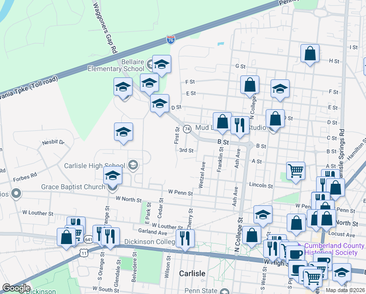 map of restaurants, bars, coffee shops, grocery stores, and more near 517 Cherry Court in Carlisle