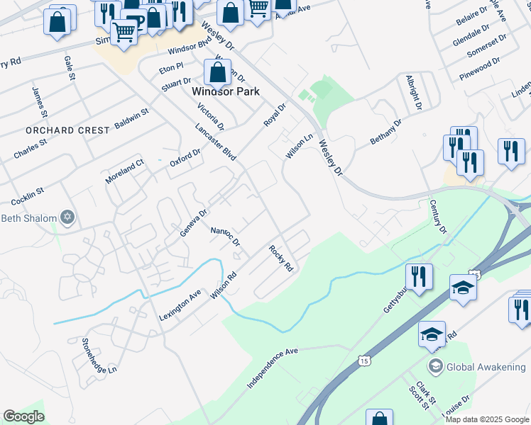 map of restaurants, bars, coffee shops, grocery stores, and more near 1071 Lancaster Boulevard in Mechanicsburg