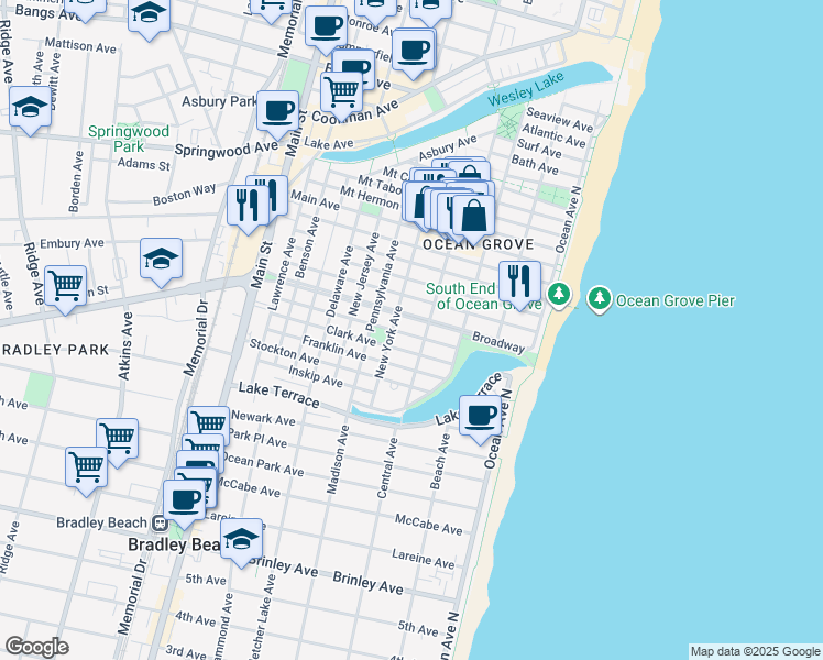 map of restaurants, bars, coffee shops, grocery stores, and more near 62 Cookman Avenue in Monmouth County