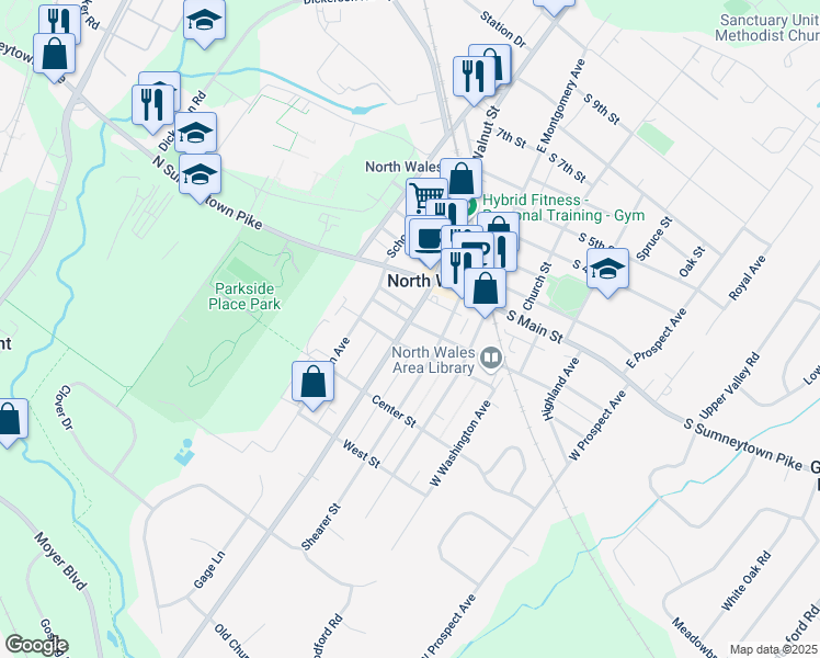map of restaurants, bars, coffee shops, grocery stores, and more near 201 West Walnut Street in North Wales